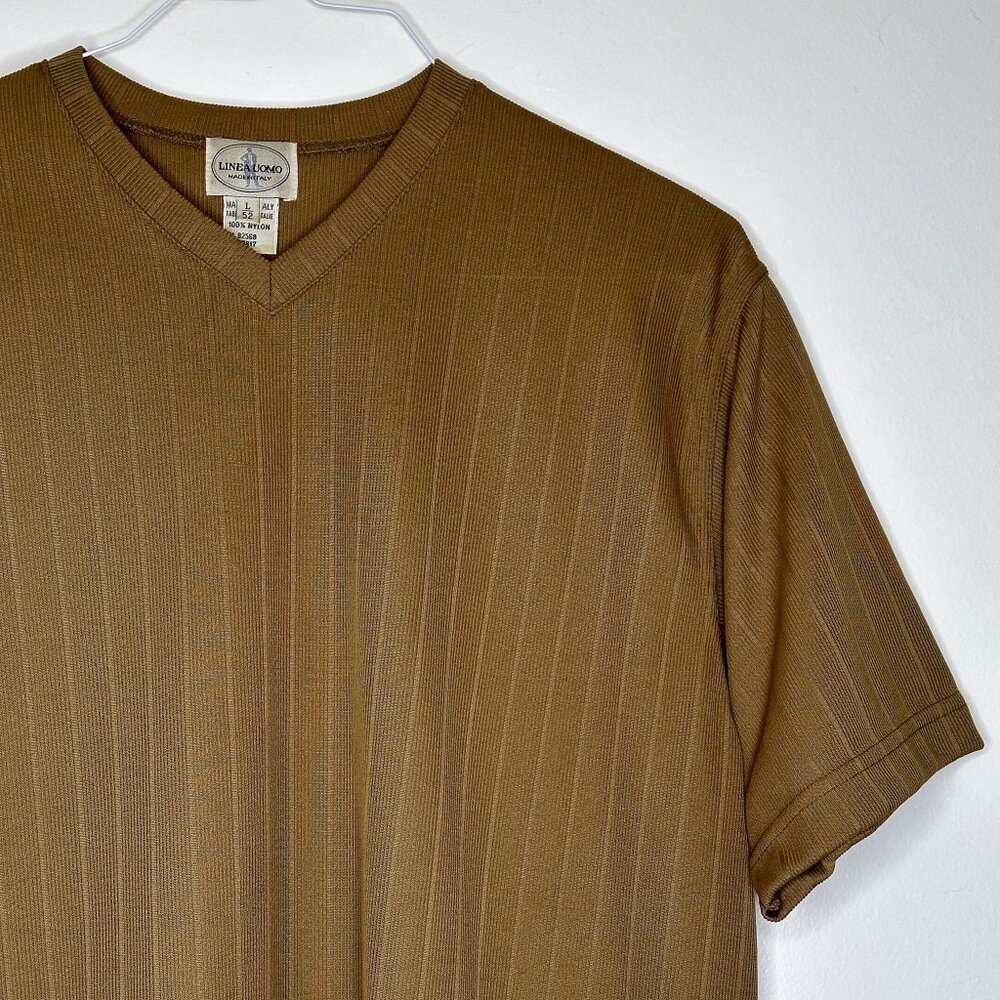 Linea Uomo Vintage Made in‎ Italy Men’s V-Neck Shirt Brown Large 100% Nylon - Picture 2 of 5